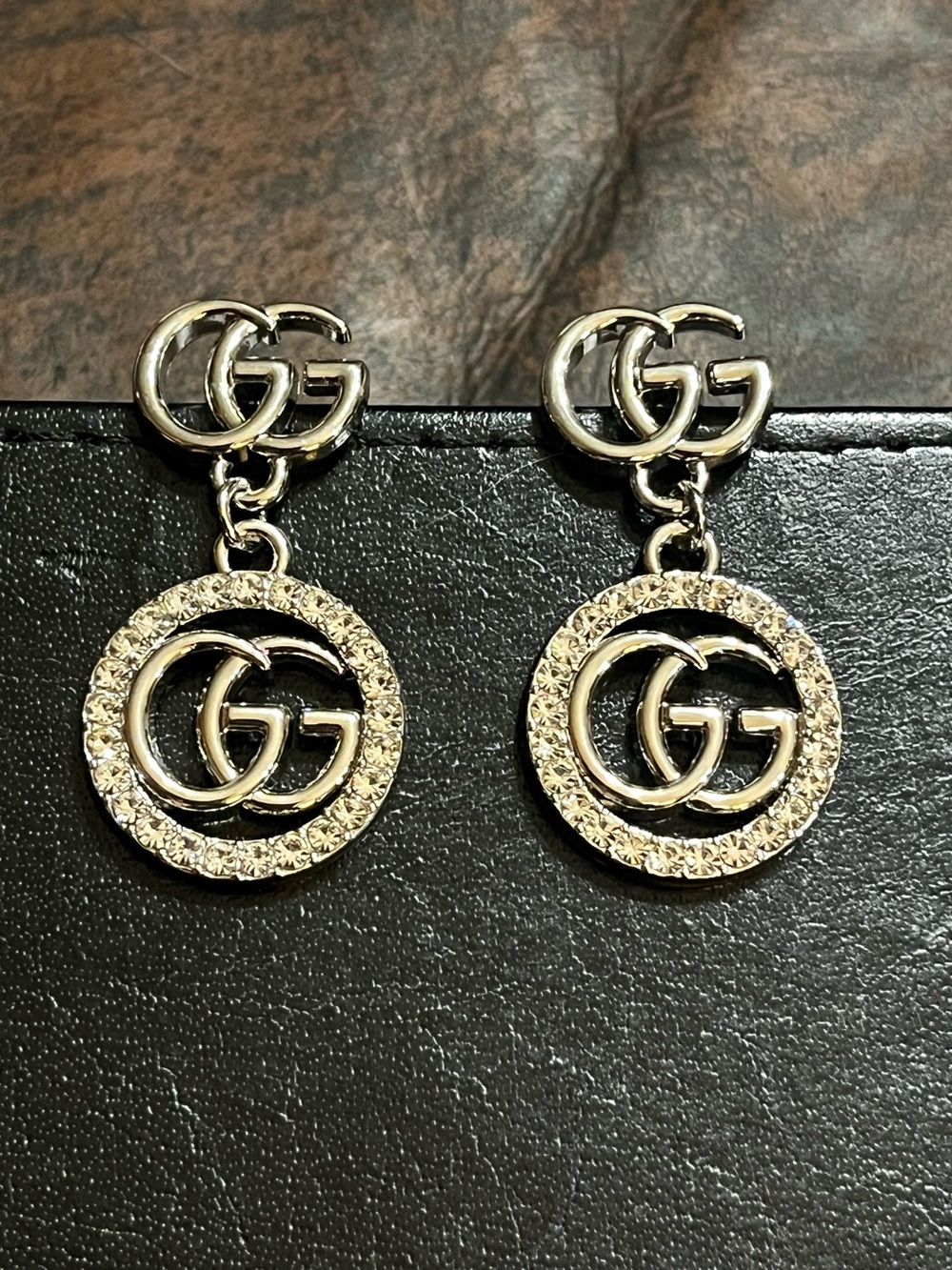 Double G Designer Silver Tone Letter Logo Dangle Rhinestone Earrings
